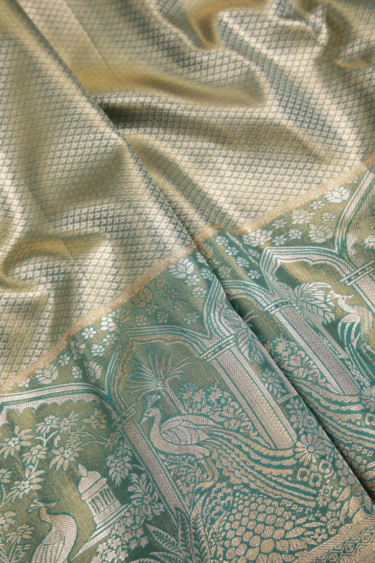 Sepia Yellow Apoorva Silk Sarees with Gold And Silver Zari Floral Puttas view 3