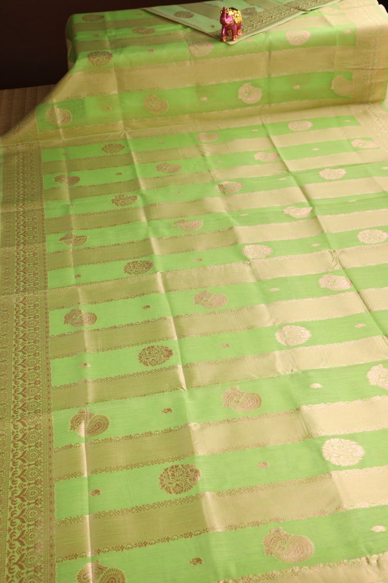 Lime Green Jute Sarees Antic Zari with Leaf Pattern view 2