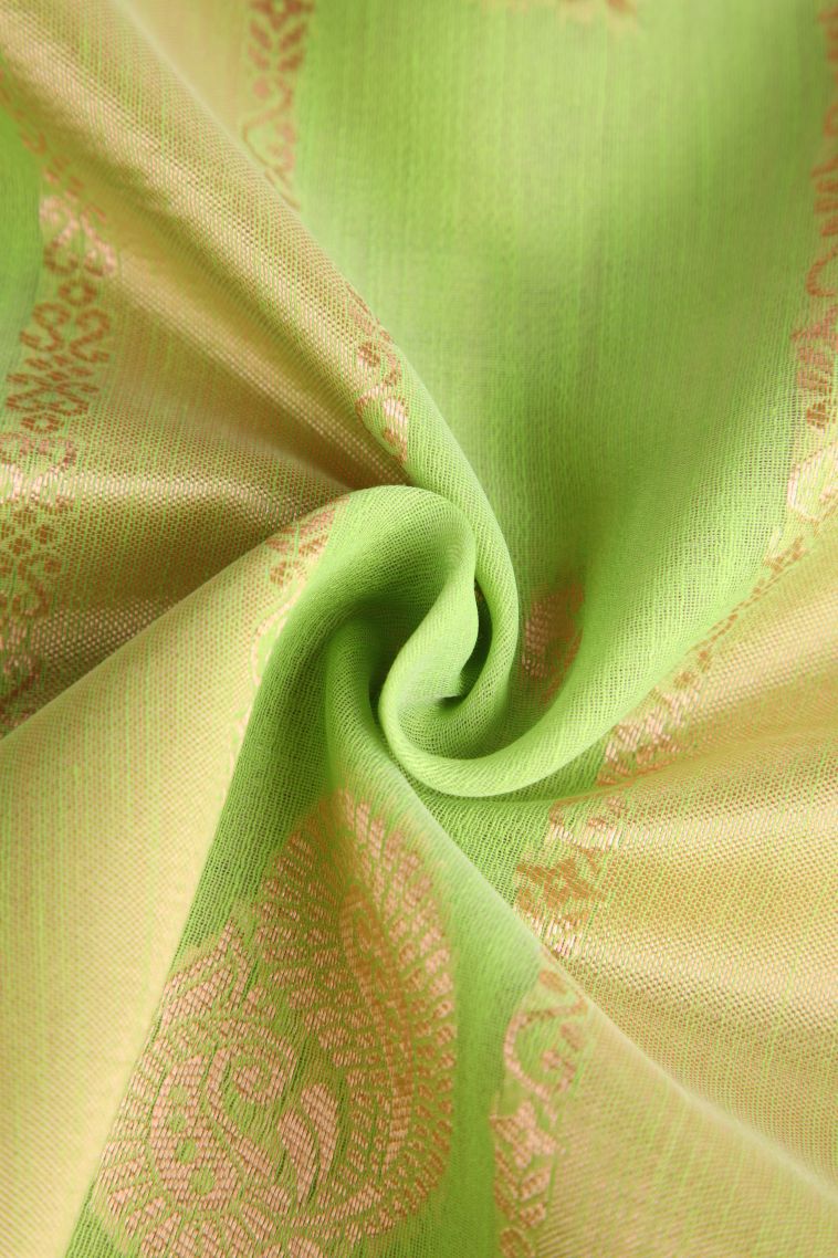 Lime Green Jute Sarees Antic Zari with Leaf Pattern view 4