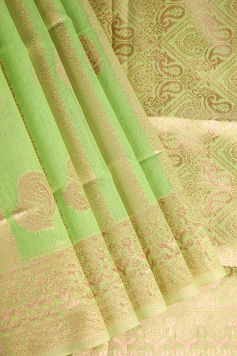 Lime Green Jute Sarees Antic Zari with Leaf Pattern