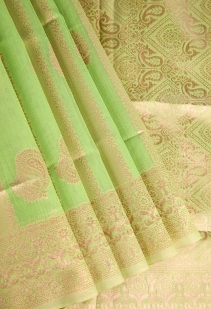 Lime Green Jute Sarees Antic Zari with Leaf Pattern