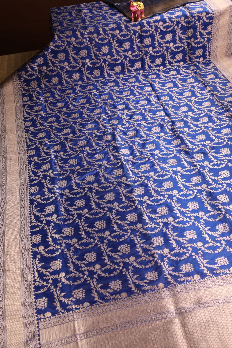 Daffane Blue Banaras Silk Saree Gold Zari with Floral Patterns view 2