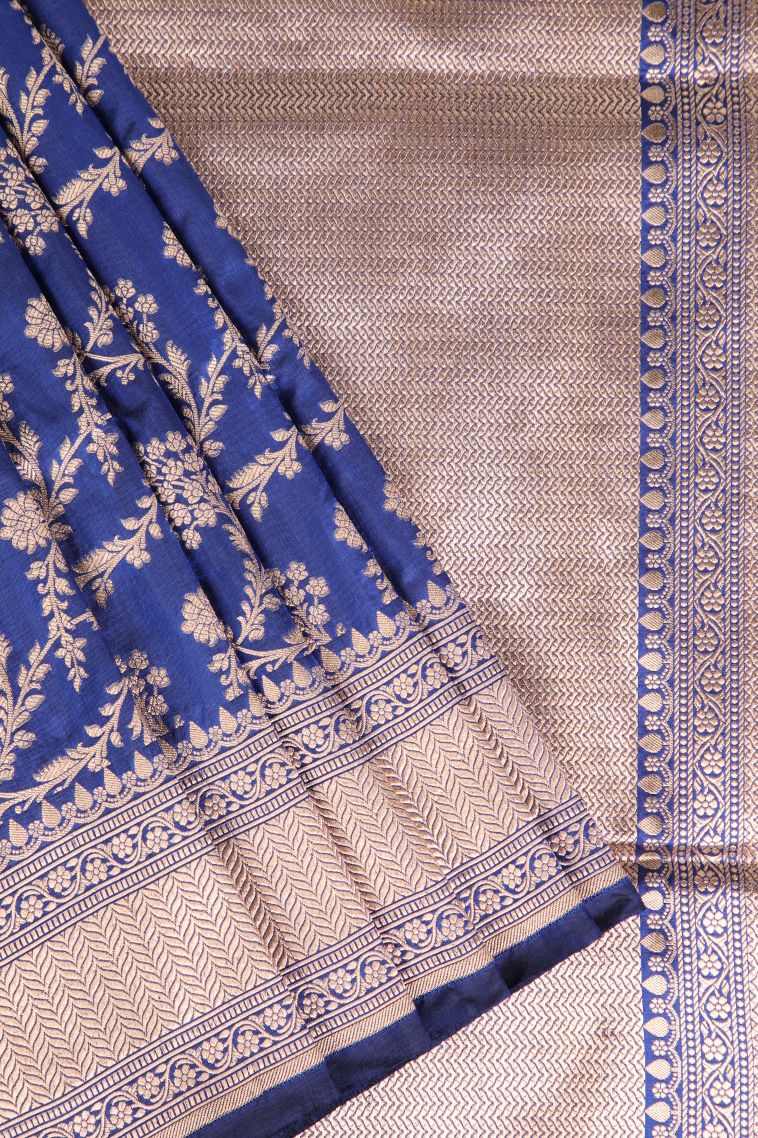 Daffane Blue Banaras Silk Saree Gold Zari with Floral Patterns view 1