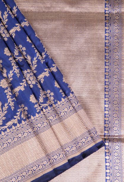 Daffane Blue Banaras Silk Saree Gold Zari with Floral Patterns