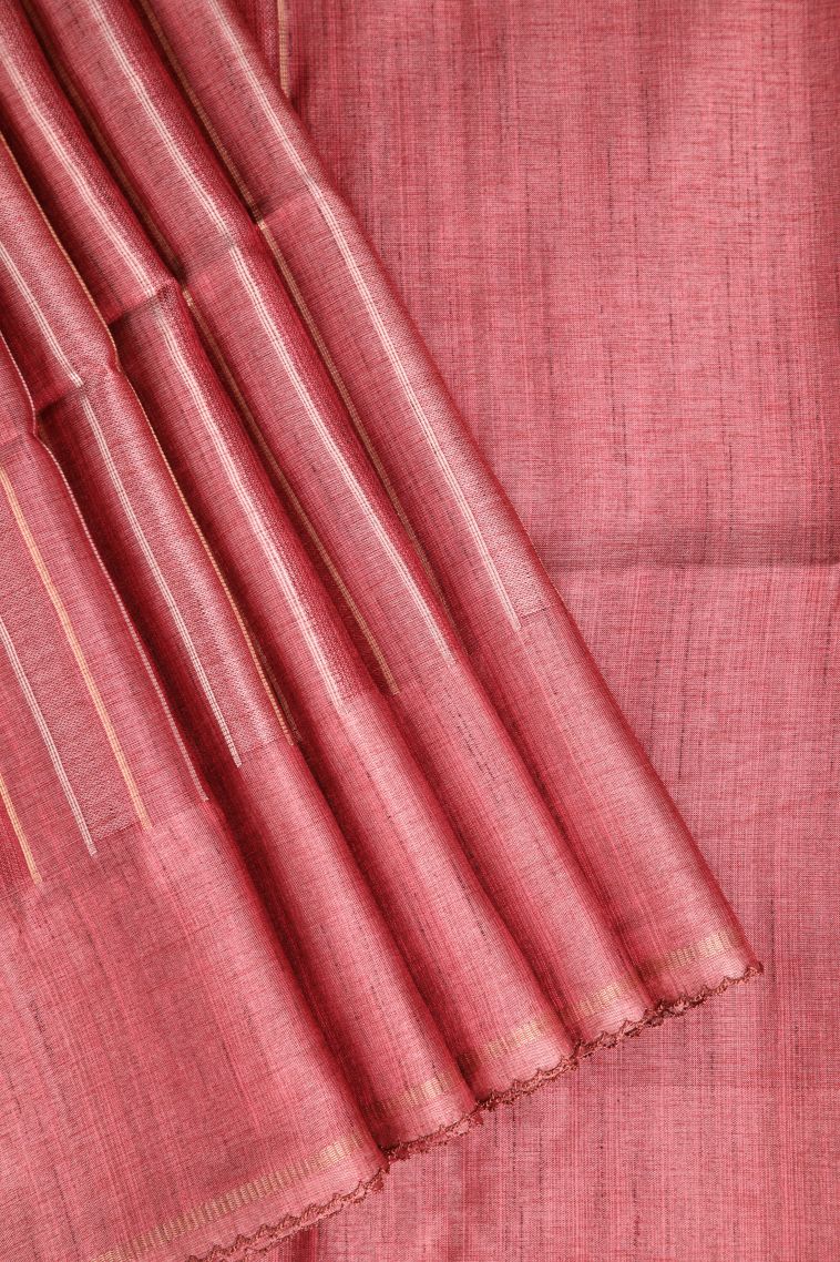 Peach Pink Semi Tussar Silk Gold And Silver Zari with Zari Stripes view 1