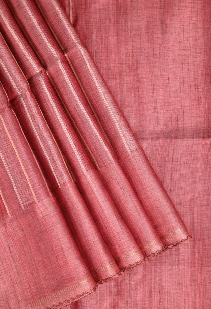 Peach Pink Semi Tussar Silk Gold And Silver Zari with Zari Stripes