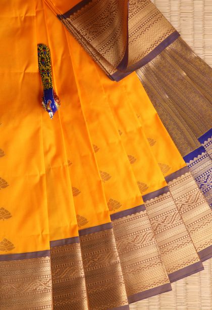 Merigold Orange Visiri Madippu Silk Sarees Gold Zari with Floral Puttas