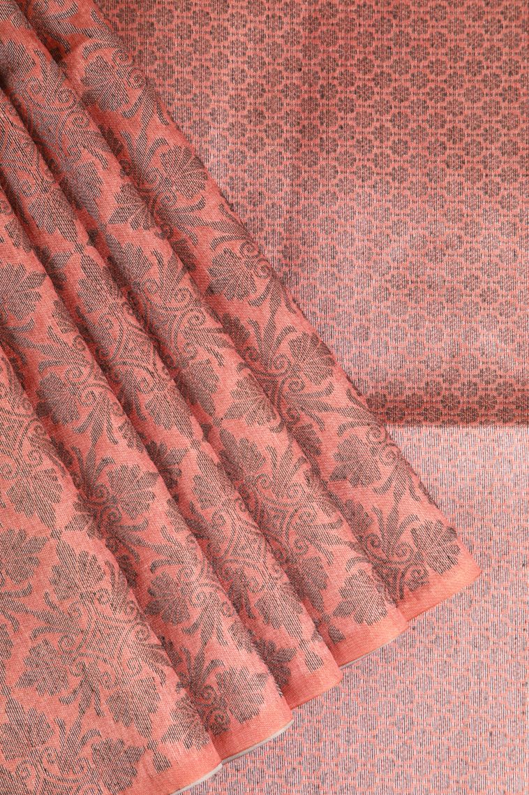 Cantaloupe Orange Semi Tussar Silk with Antic Zari Floral Patterns