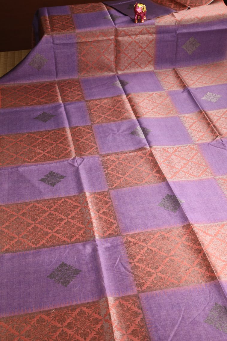 Cantaloupe Orange Semi Tussar Silk with Antic Zari Floral Patterns view 2