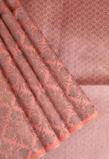Cantaloupe Orange Semi Tussar Silk with Antic Zari Floral Patterns