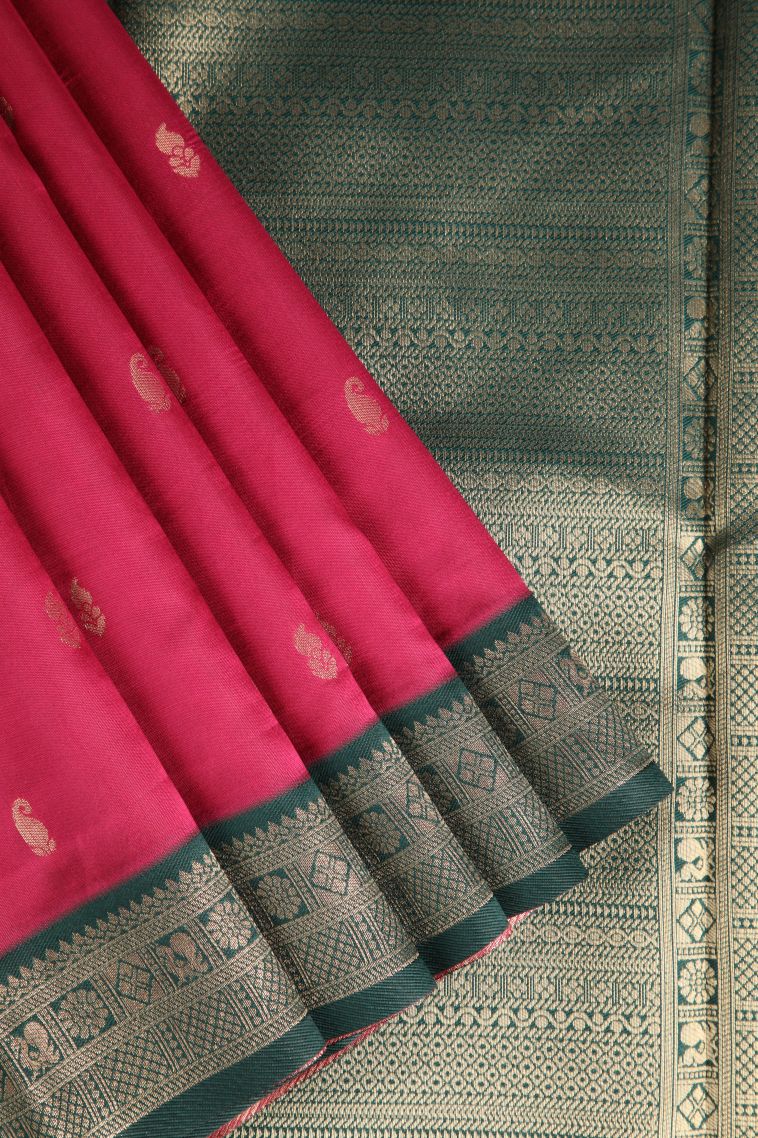 Punch Pink Raw Silk Sarees with Gold Zari Mango Puttas