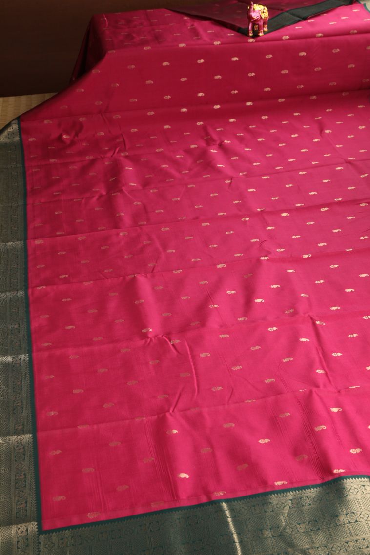 Punch Pink Raw Silk Sarees with Gold Zari Mango Puttas view 2