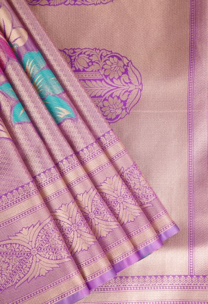 Bubble Purple Apoorva Silk Sarees with Copper Zari Floral Patterns