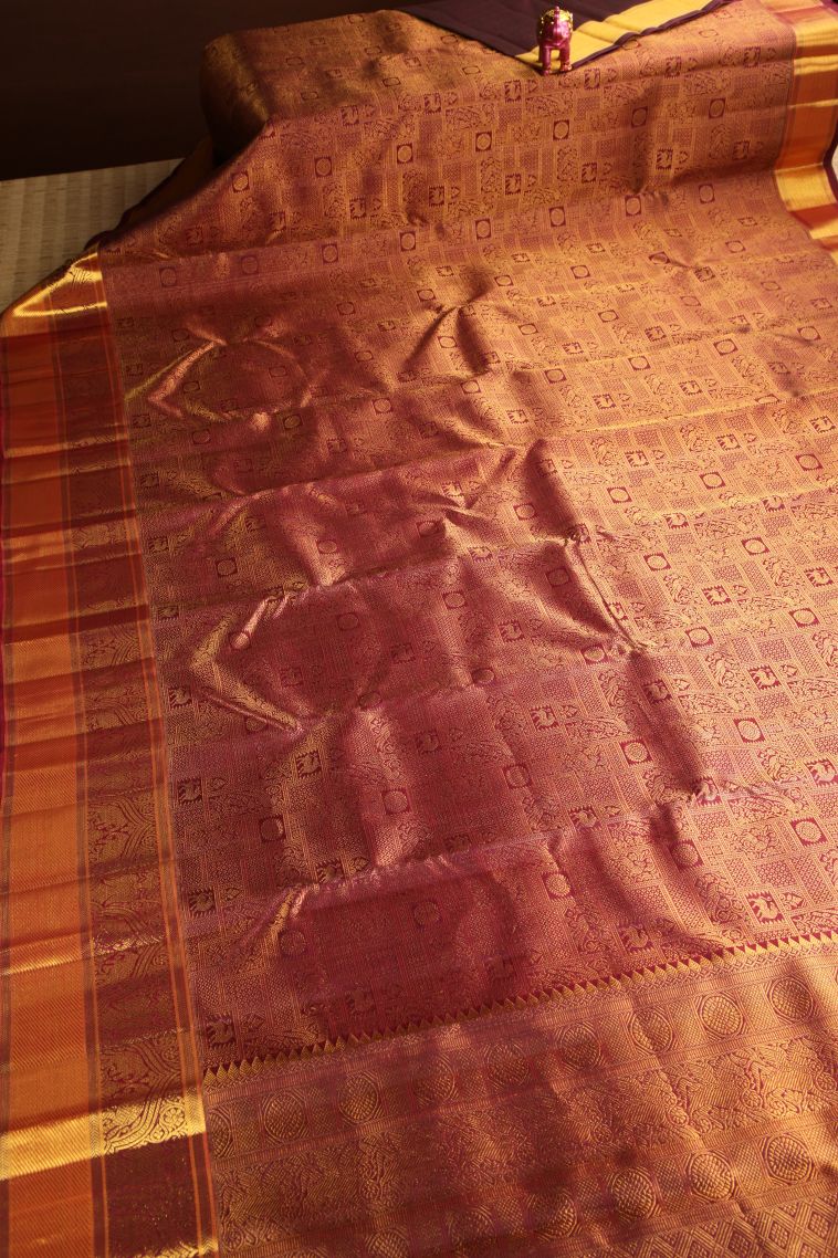 Apple Red Kanchipuram Silk Sarees Gold Zari with Birds And Floral Pattern view 2