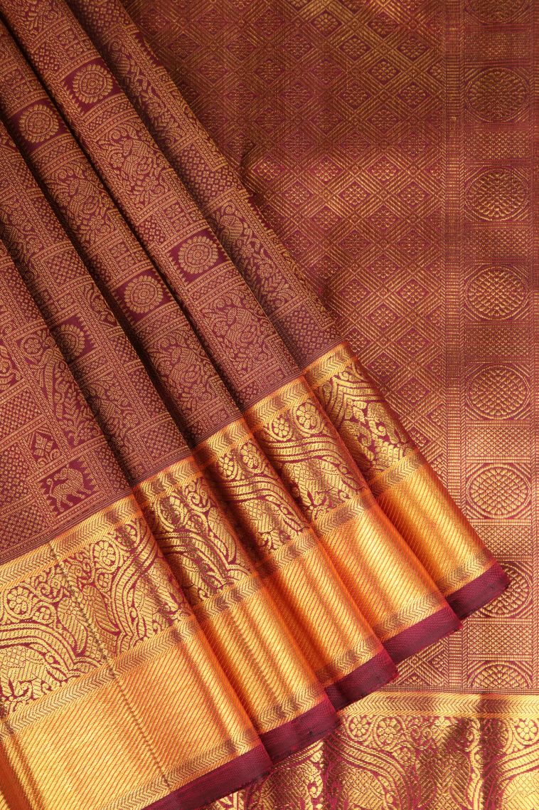 Apple Red Kanchipuram Silk Sarees Gold Zari with Birds And Floral Pattern view 1