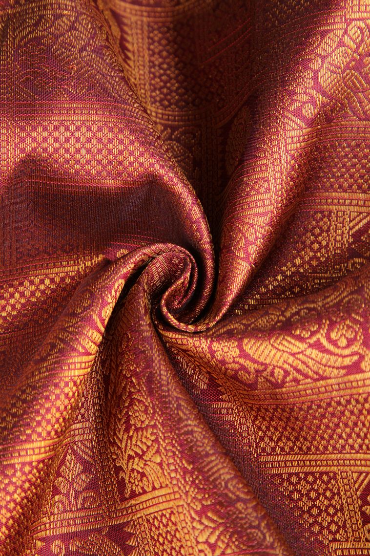 Apple Red Kanchipuram Silk Sarees Gold Zari with Birds And Floral Pattern view 4