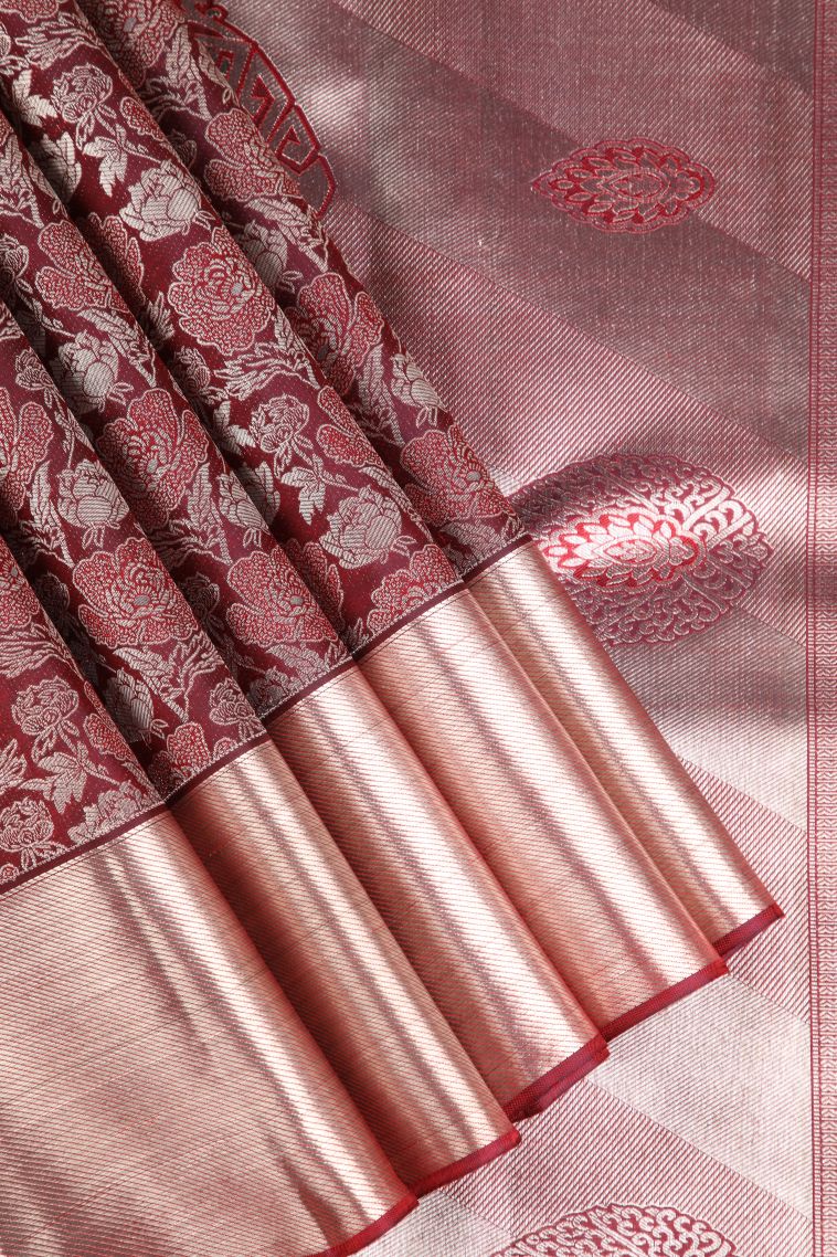 Lipstick Red Kanchipuram Silk Sarees with Silver Zari Floral Patterns view 1