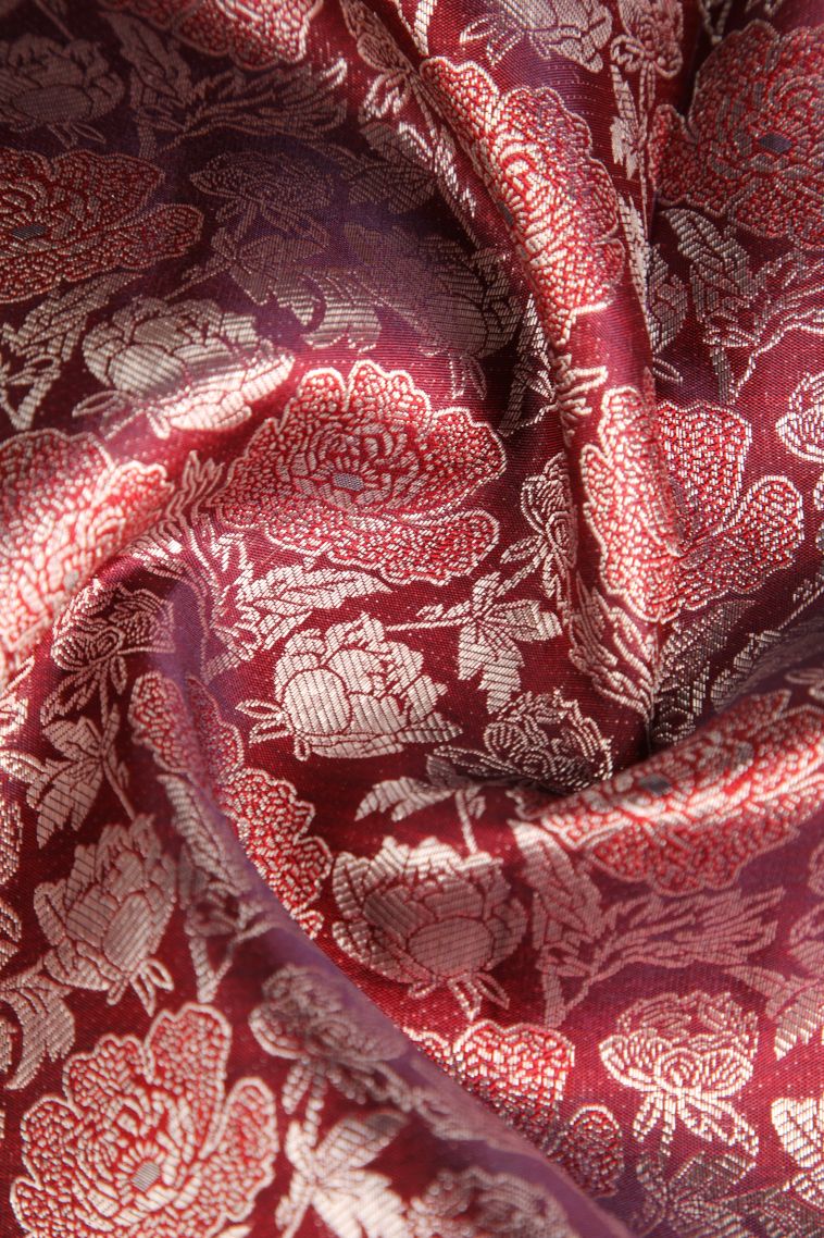 Lipstick Red Kanchipuram Silk Sarees with Silver Zari Floral Patterns view 4