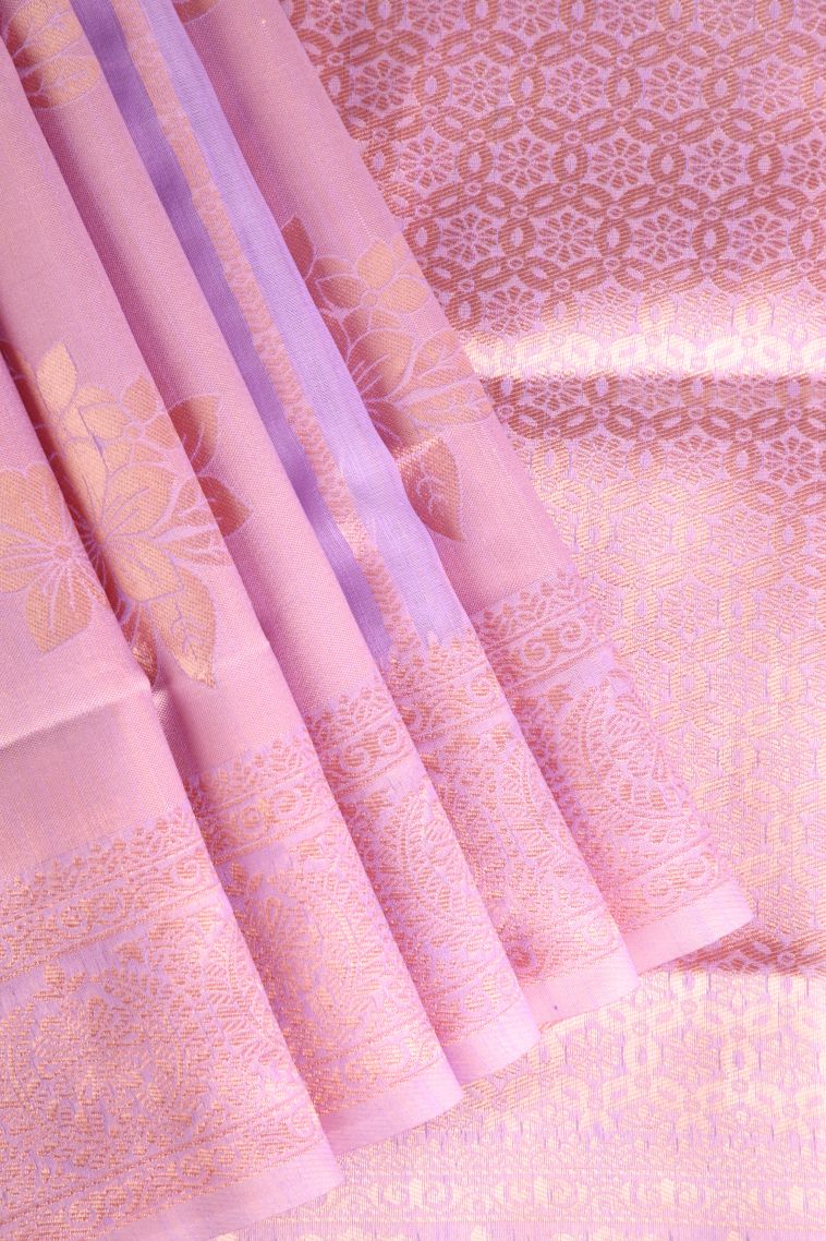 Lemonade Pink Jute Sarees Antic Zari with Floral Patterns view 1