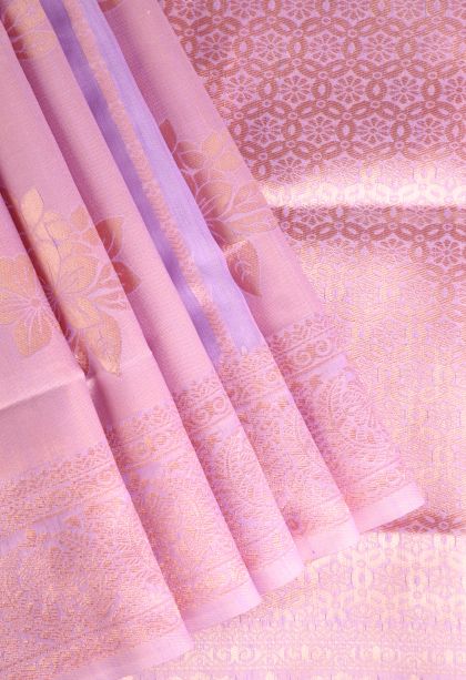 Lemonade Pink Jute Sarees Antic Zari with Floral Patterns