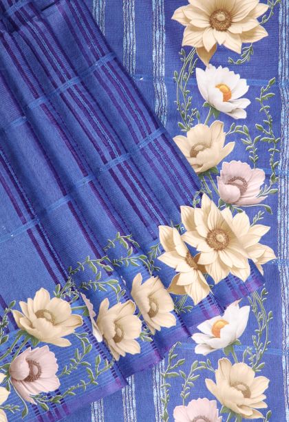 Daffane Blue Jute Sarees with Without Zari Zari Stripes