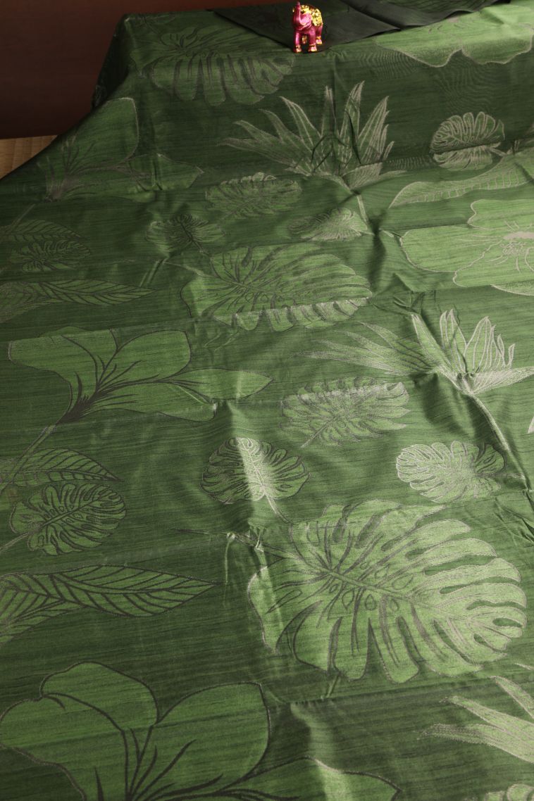 Pickle Green Jute Sarees with Silver Zari Floral Patterns view 2