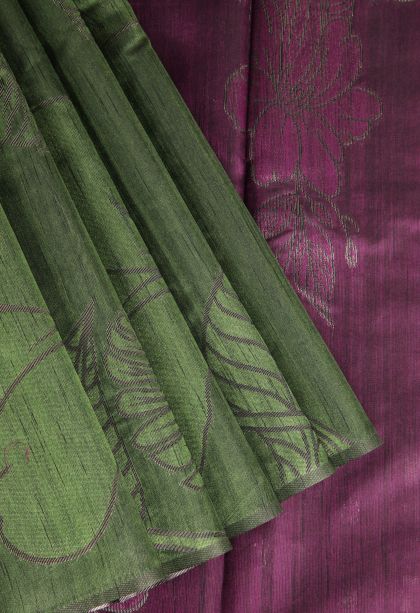Pickle Green Jute Sarees with Silver Zari Floral Patterns