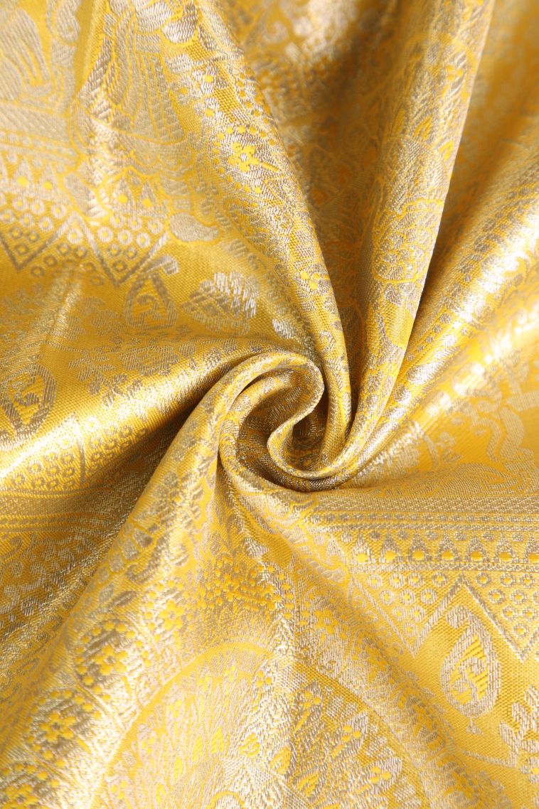 Lemon Yellow Apoorva Silk Sarees with Gold And Silver Zari Peacock Motifs view 4