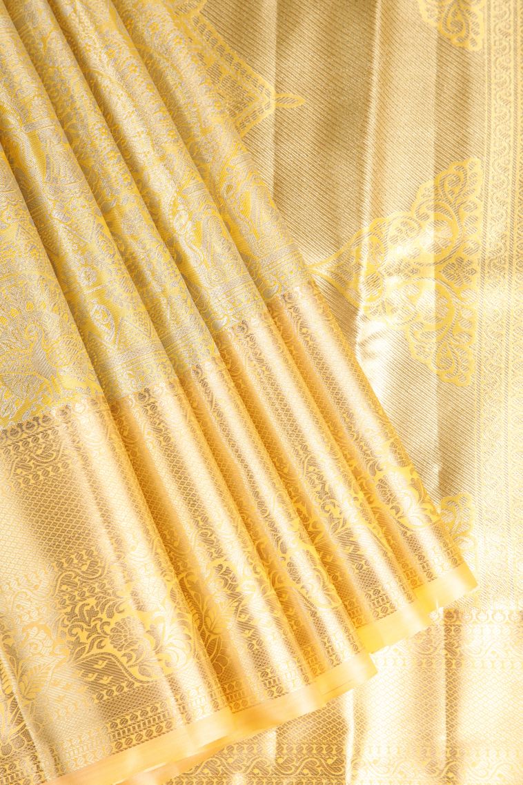 Lemon Yellow Apoorva Silk Sarees with Gold And Silver Zari Peacock Motifs view 1