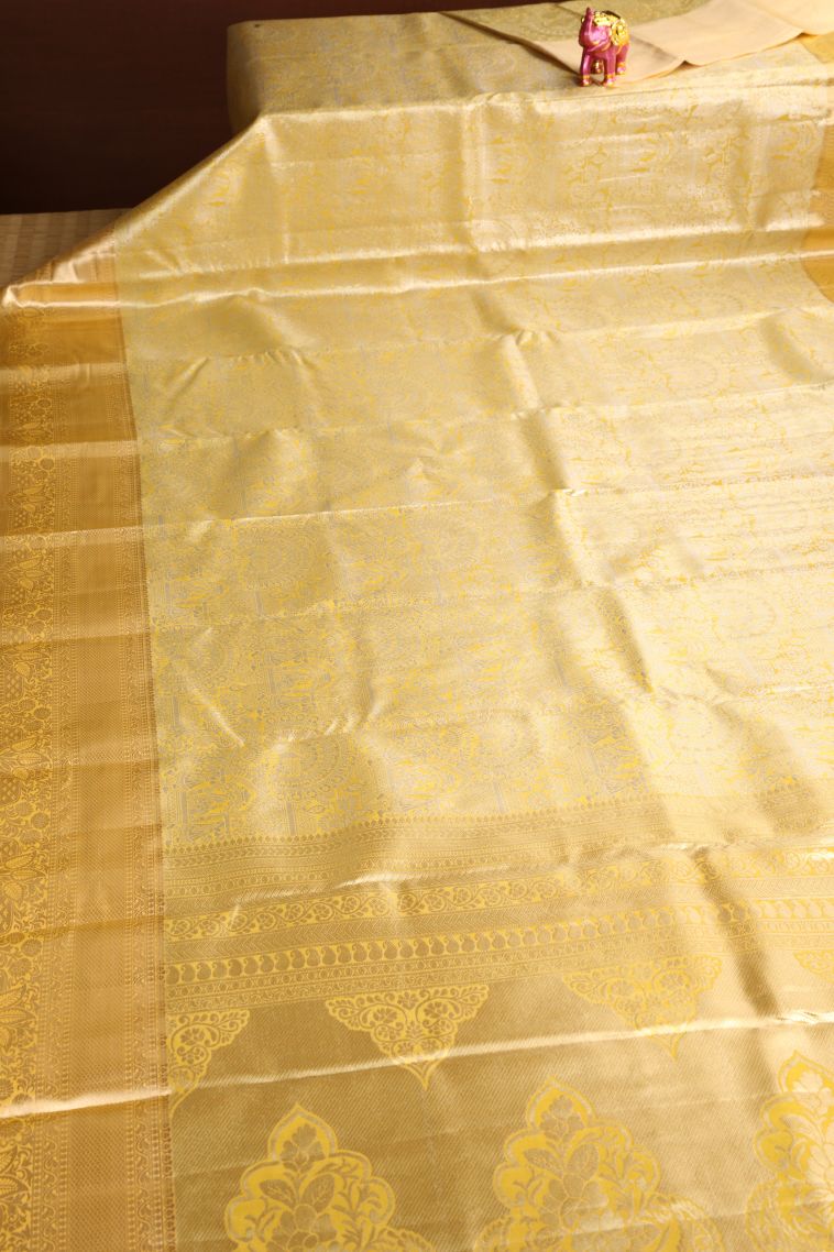 Lemon Yellow Apoorva Silk Sarees with Gold And Silver Zari Peacock Motifs view 2