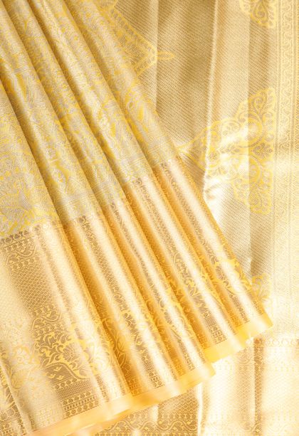 Lemon Yellow Apoorva Silk Sarees with Gold And Silver Zari Peacock Motifs