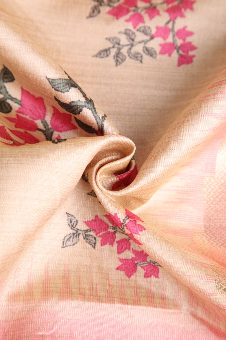 Vanilla Custard Yellow Semi Tussar Silk with Gold Zari Floral Patterns view 4