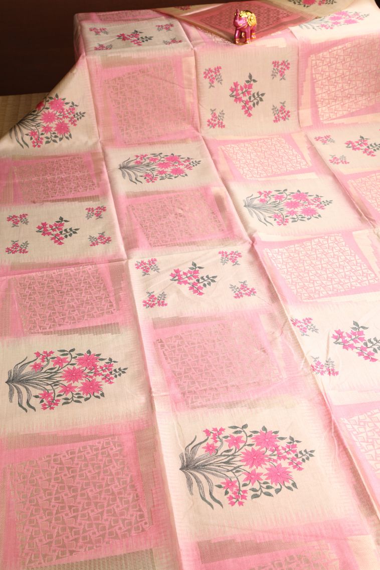 Vanilla Custard Yellow Semi Tussar Silk with Gold Zari Floral Patterns view 2