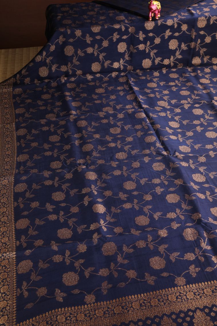 Navy Blue Banaras Sarees Antic Zari with Floral Patterns view 2
