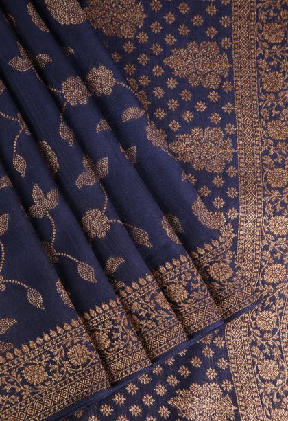 Navy Blue Banaras Sarees Antic Zari with Floral Patterns
