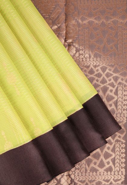 Lime Yellow Silk Cotton Sarees with Copper Zari Straipes And Puttas