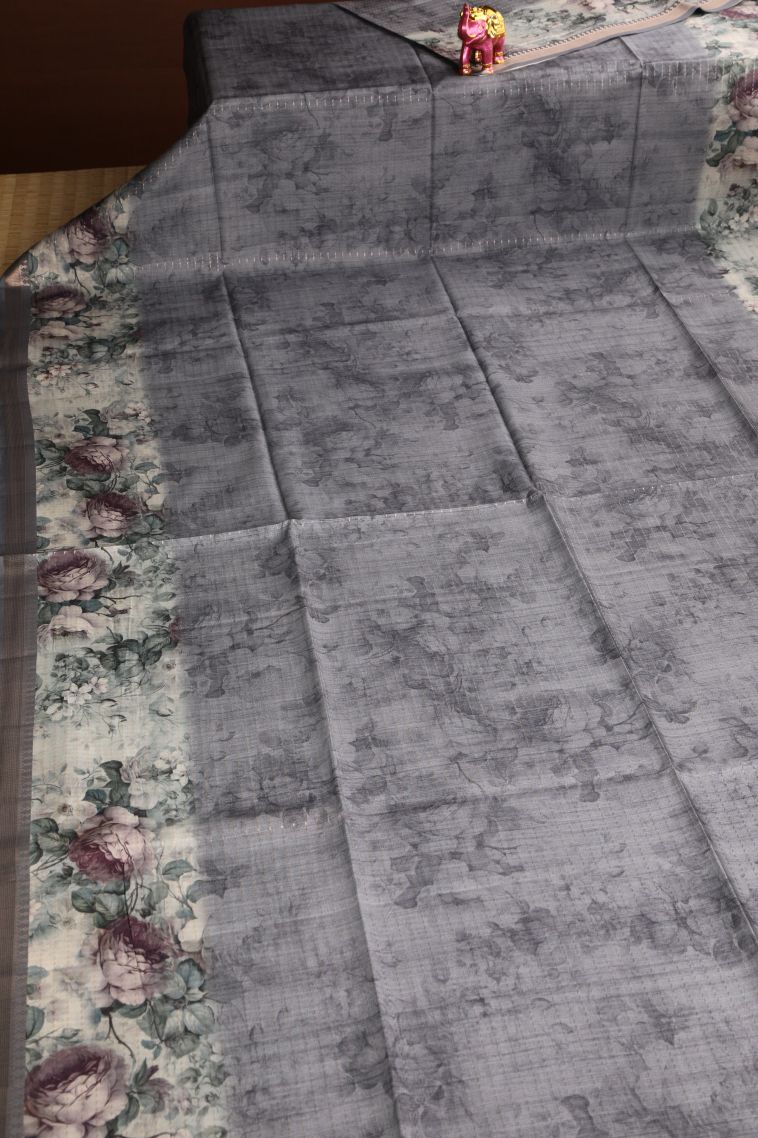 Granite Black Semi Tussar Silk Gold Zari with Floral Patterns view 2