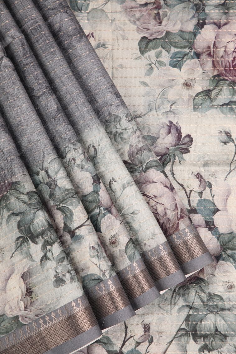 Granite Black Semi Tussar Silk Gold Zari with Floral Patterns