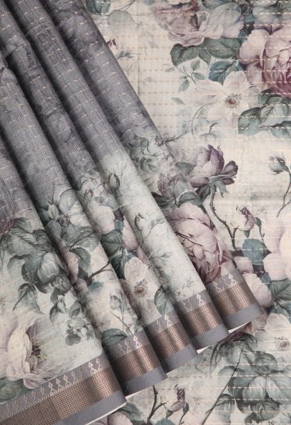 Granite Black Semi Tussar Silk Gold Zari with Floral Patterns