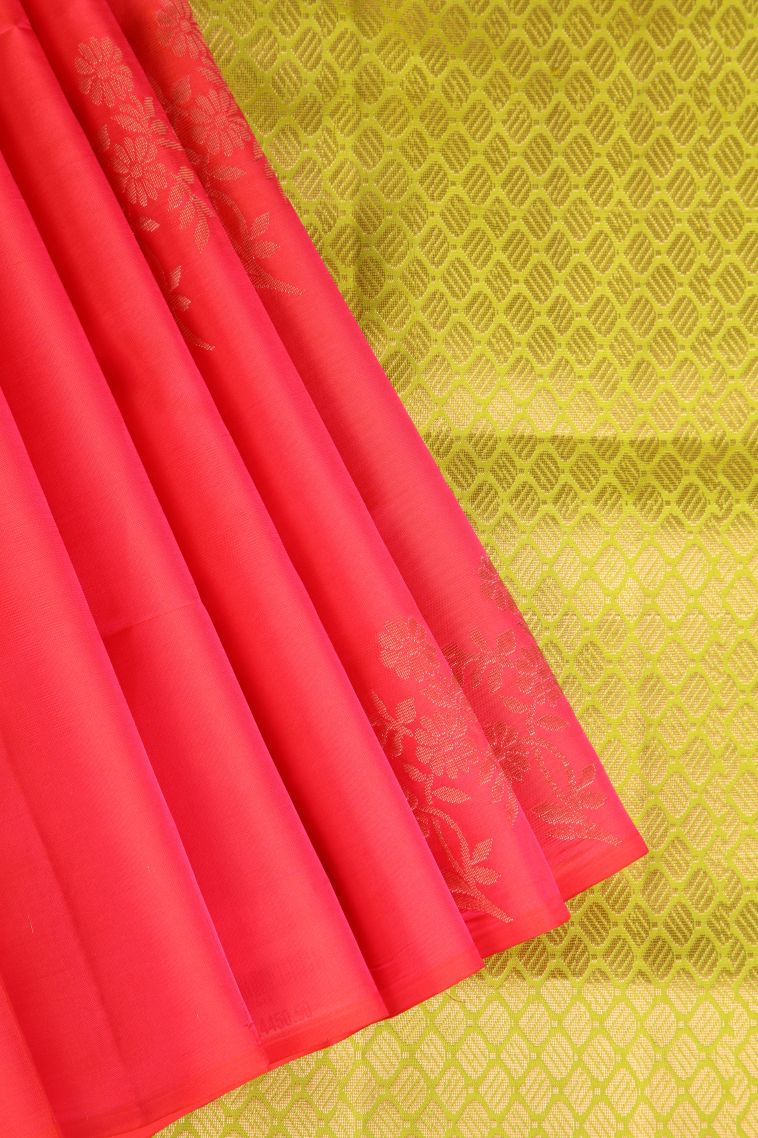 Rose  Red Soft Silk Saree with Copper Zari Floral Patterns view 1