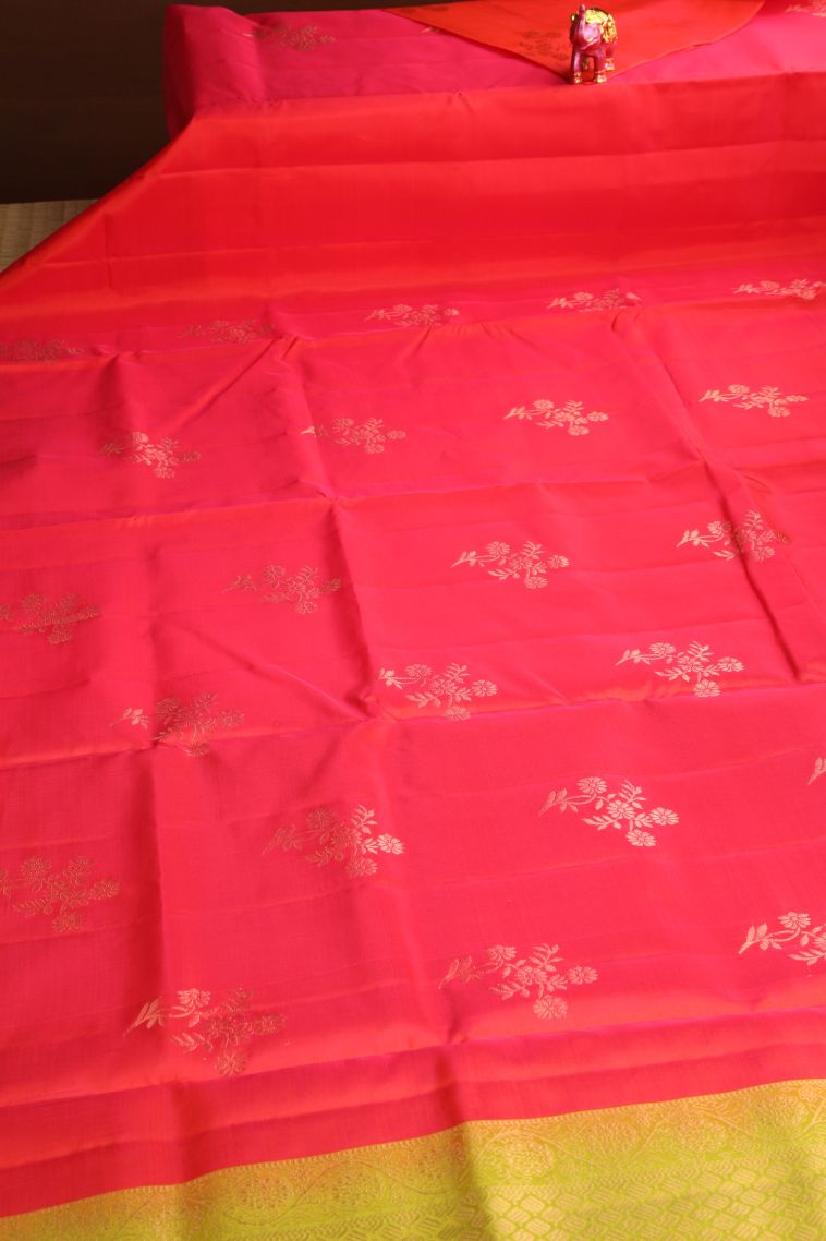 Rose  Red Soft Silk Saree with Copper Zari Floral Patterns view 2