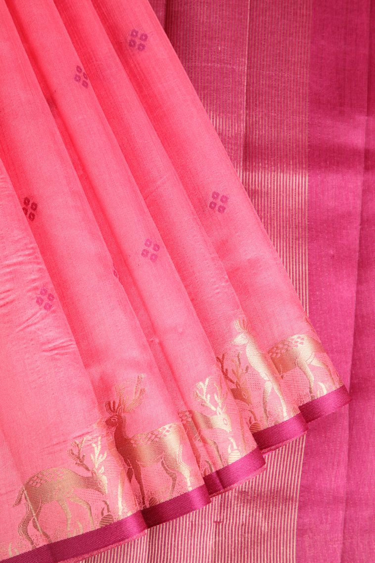 Rose Pink Semi Tussar Silk with Gold Zari Buttis (small Dots Or Motifs) view 1