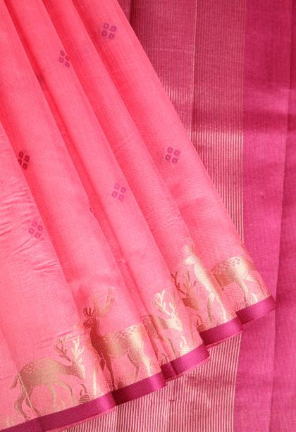 Rose Pink Semi Tussar Silk with Gold Zari Buttis (small Dots Or Motifs)