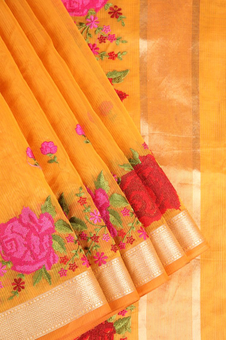 Merigold Orange Manipuri Cotton Sarees with Silver Zari Embroidary view 1