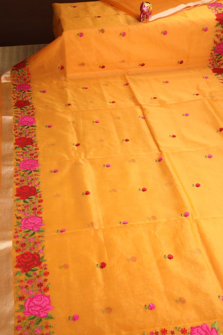 Merigold Orange Manipuri Cotton Sarees with Silver Zari Embroidary view 2