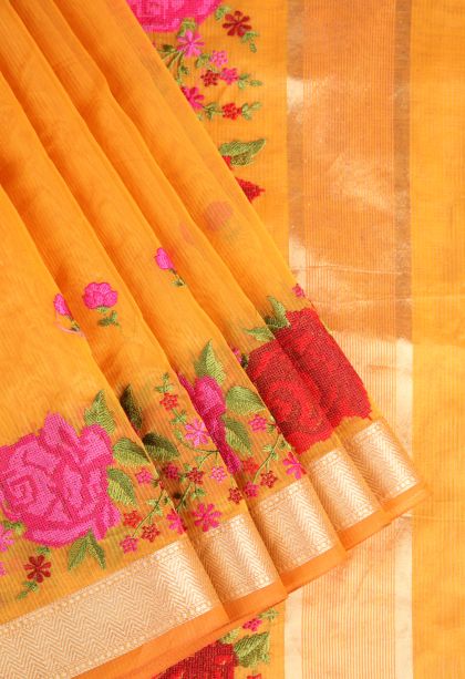 Merigold Orange Manipuri Cotton Sarees with Silver Zari Embroidary