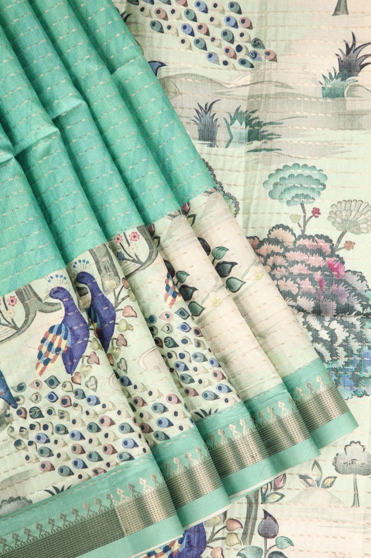 Mint Green Semi Tussar Silk Gold Zari with Zari Puttas view 1