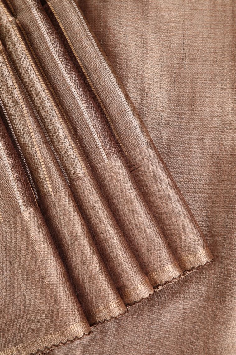 Tawny Brown Semi Tussar Silk Gold And Silver Zari with Zari Stripes