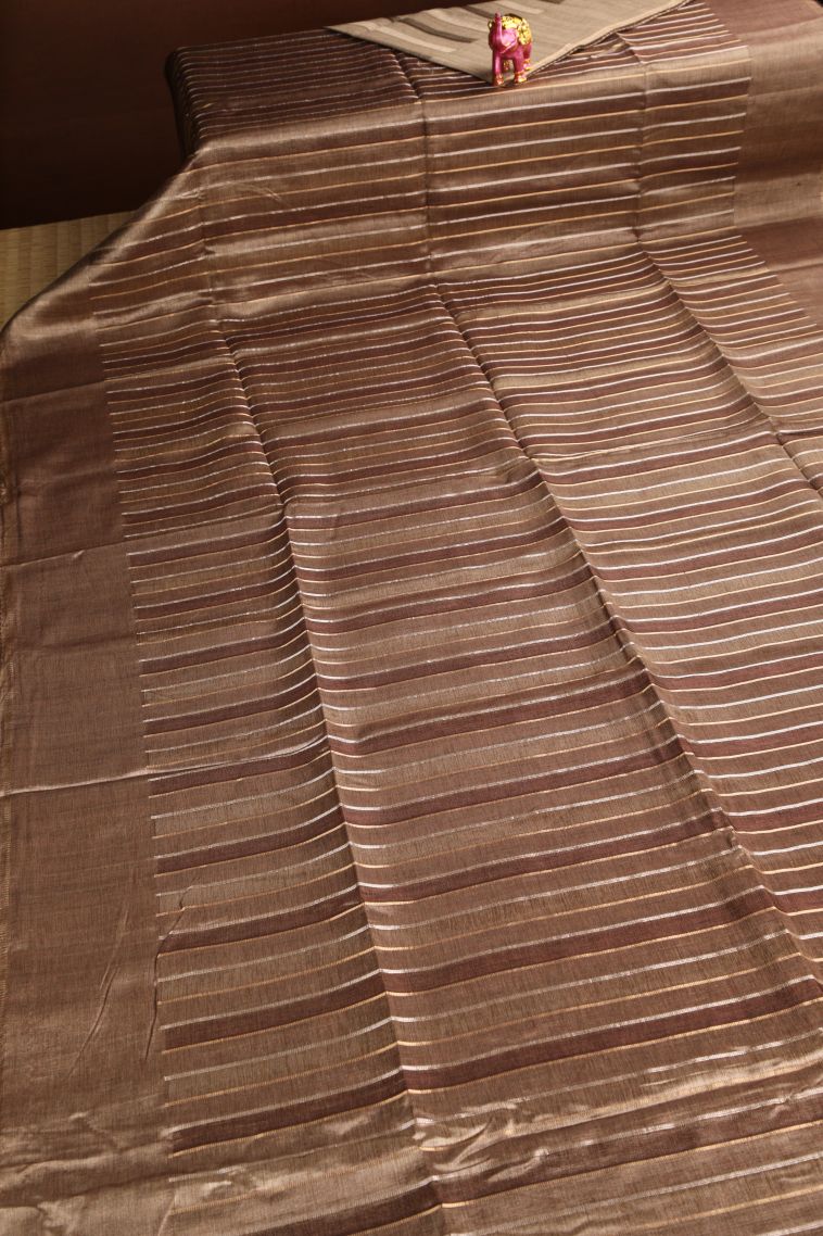 Tawny Brown Semi Tussar Silk Gold And Silver Zari with Zari Stripes view 2