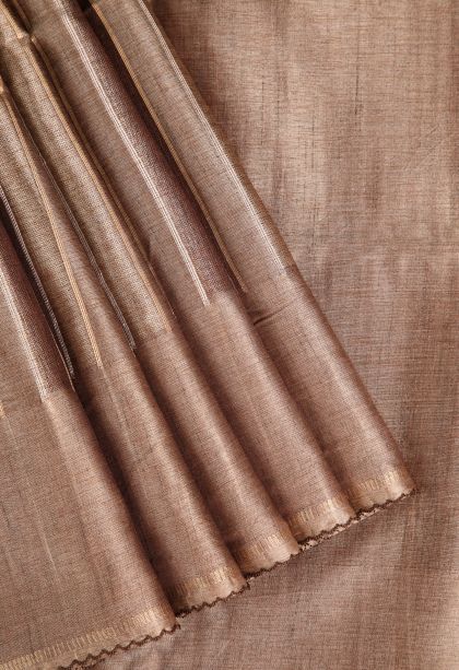 Tawny Brown Semi Tussar Silk Gold And Silver Zari with Zari Stripes